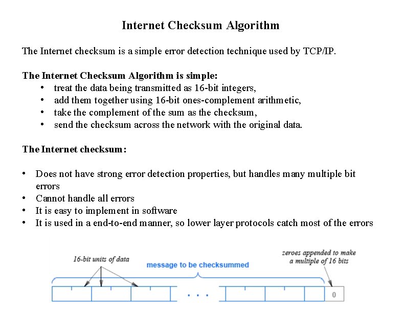Internet Checksum Algorithm The Internet checksum is a simple error detection technique used by