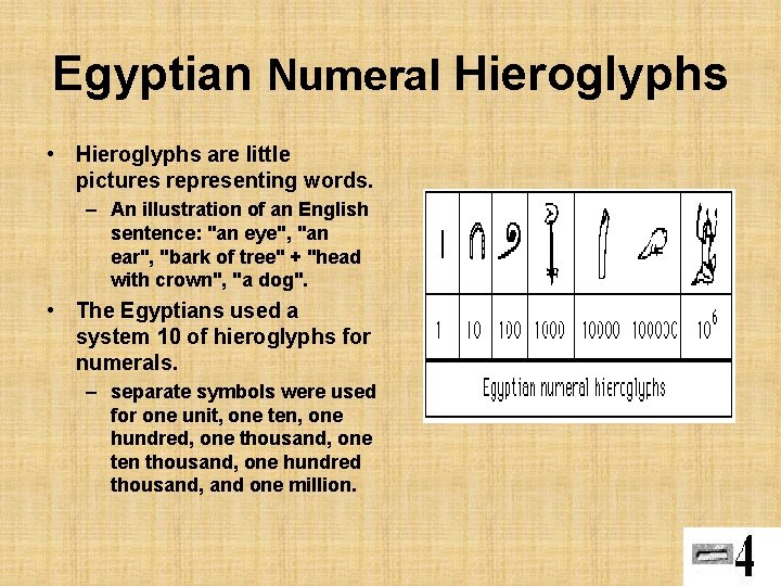 Egyptian Numeral Hieroglyphs • Hieroglyphs are little pictures representing words. – An illustration of