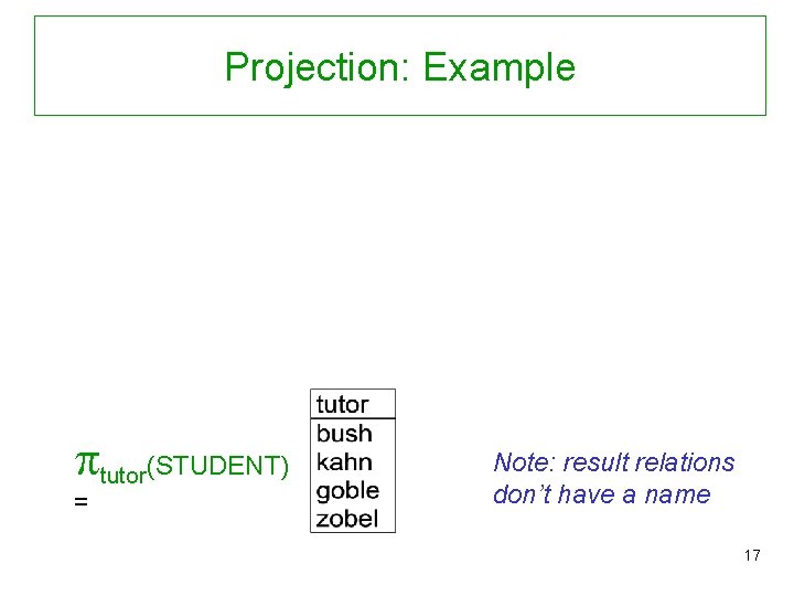 Projection: Example tutor(STUDENT) = Note: result relations don’t have a name 17 