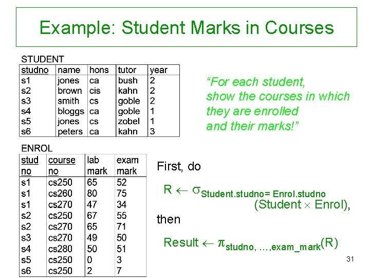 Example: Student Marks in Courses “For each student, show the courses in which they