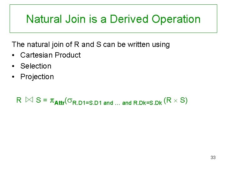 Natural Join is a Derived Operation The natural join of R and S can