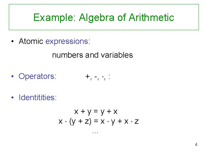 Example: Algebra of Arithmetic • Atomic expressions: numbers and variables • Operators: +, -,