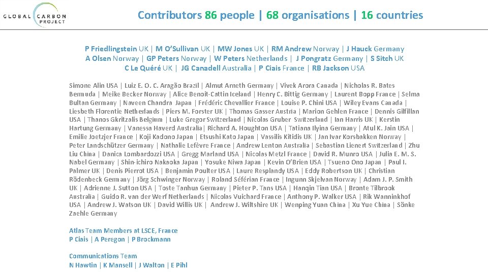 Contributors 86 people | 68 organisations | 16 countries P Friedlingstein UK | M