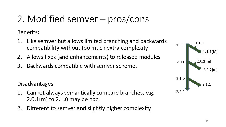 2. Modified semver – pros/cons Benefits: 1. Like semver but allows limited branching and