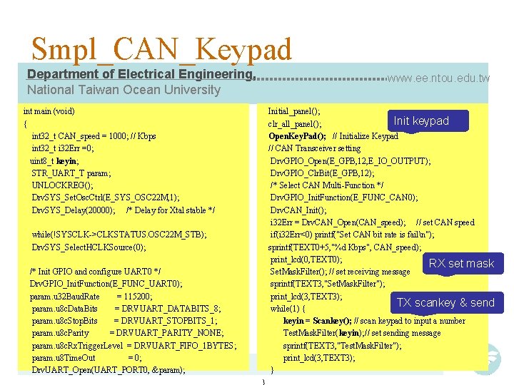 Smpl_CAN_Keypad Department of Electrical Engineering, National Taiwan Ocean University int main (void) { int