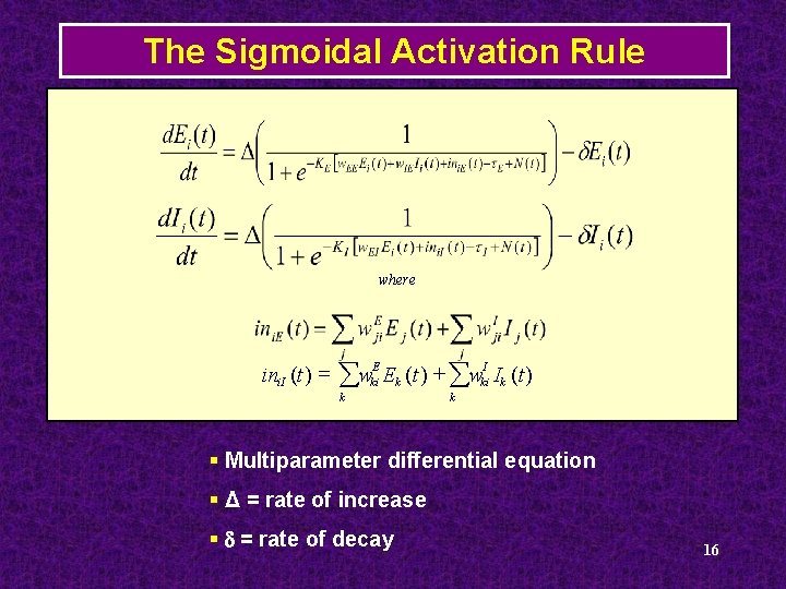 The Sigmoidal Activation Rule where ini. I (t ) = åw E ki k