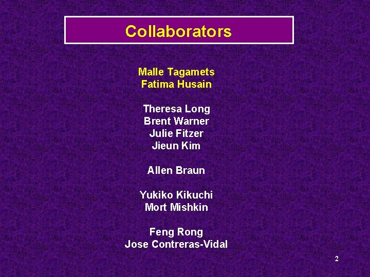 Collaborators Malle Tagamets Fatima Husain Theresa Long Brent Warner Julie Fitzer Jieun Kim Allen