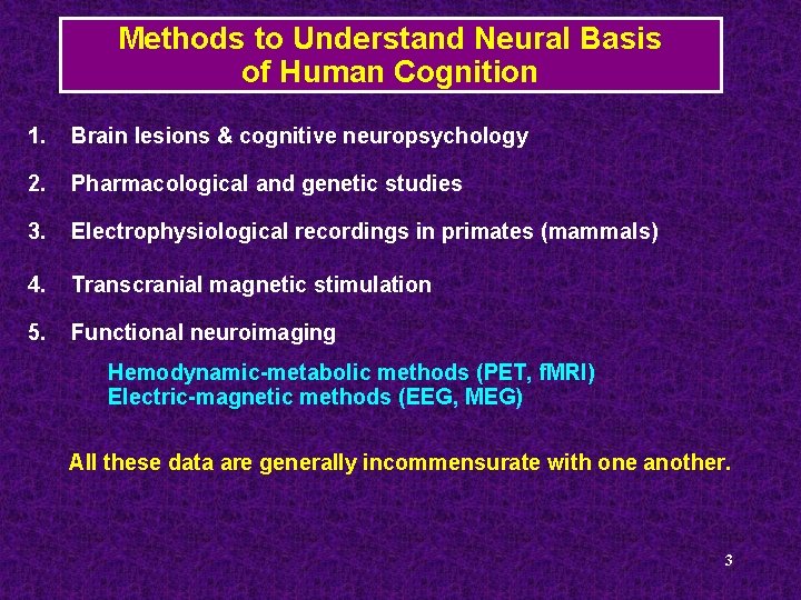 Methods to Understand Neural Basis of Human Cognition 1. Brain lesions & cognitive neuropsychology