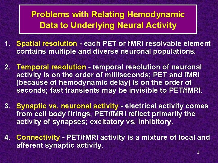 Problems with Relating Hemodynamic Data to Underlying Neural Activity 1. Spatial resolution - each