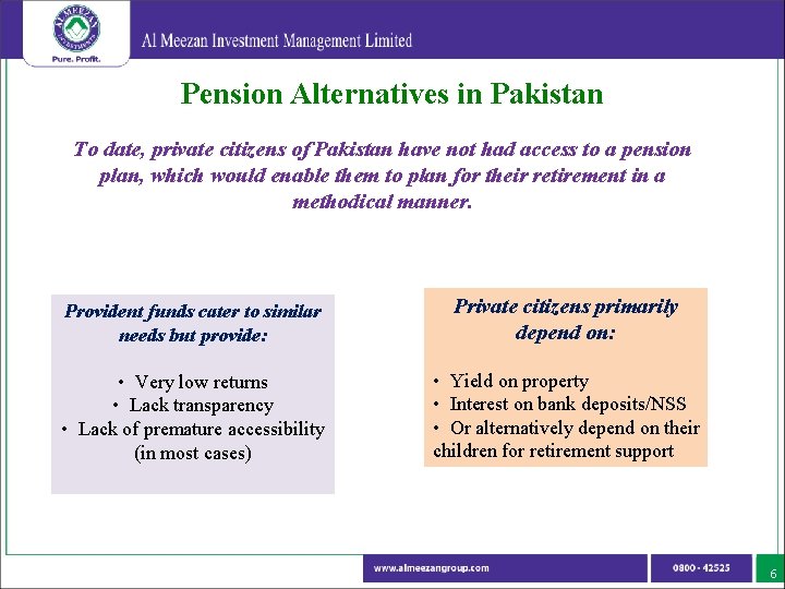 Pension Alternatives in Pakistan To date, private citizens of Pakistan have not had access