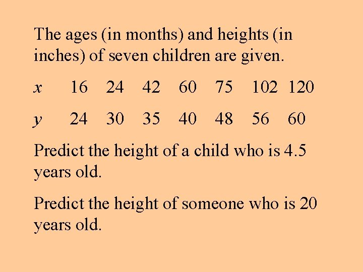 The ages (in months) and heights (in inches) of seven children are given. x