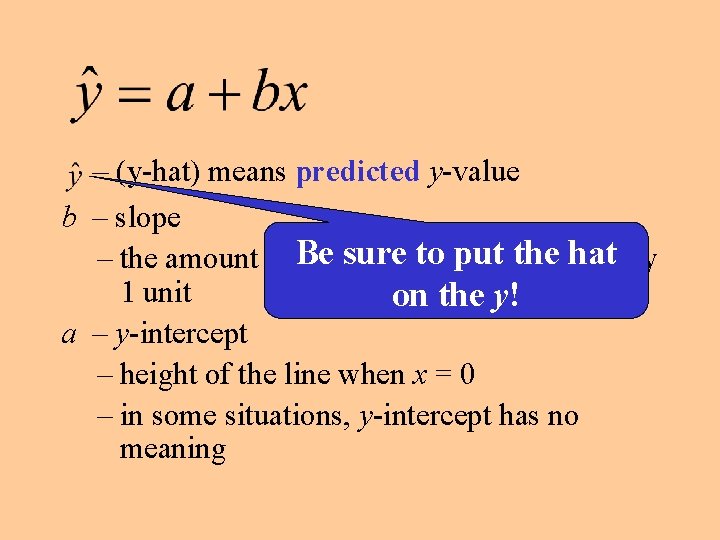 – (y-hat) means predicted y-value b – slope Be sure when to put the