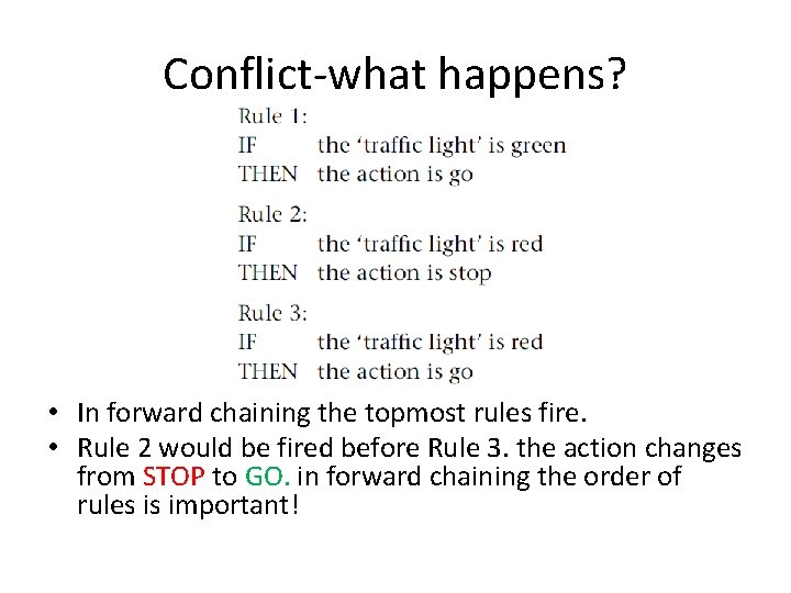 Conflict-what happens? • In forward chaining the topmost rules fire. • Rule 2 would