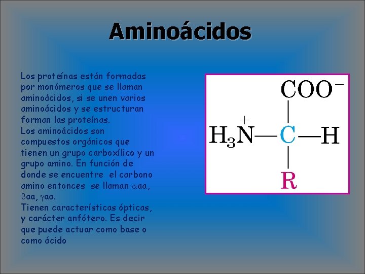 Aminoácidos Los proteínas están formadas por monómeros que se llaman aminoácidos, si se unen