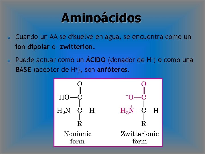 Aminoácidos Cuando un AA se disuelve en agua, se encuentra como un ion dipolar