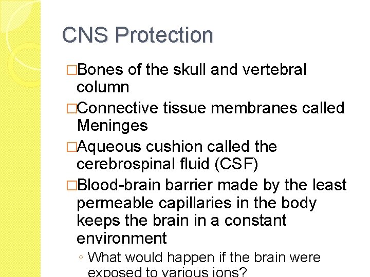 CNS Protection �Bones of the skull and vertebral column �Connective tissue membranes called Meninges