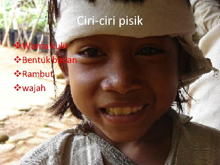 Ciri-ciri pisik v. Warna kulit v. Bentuk badan v. Rambut vwajah 