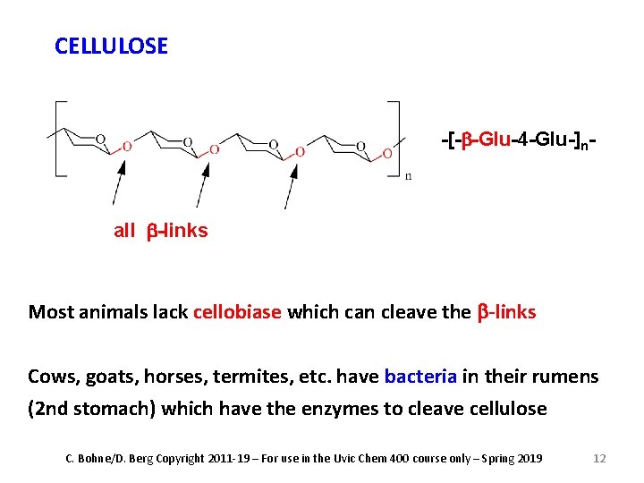 CELLULOSE -[-b-Glu-4 -Glu-]n- all b-links Most animals lack cellobiase which can cleave the b-links