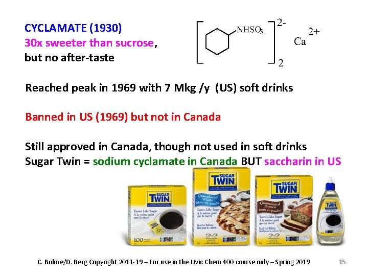 CYCLAMATE (1930) 30 x sweeter than sucrose, but no after-taste Reached peak in 1969