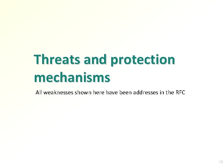 Threats and protection mechanisms All weaknesses shown here have been addresses in the RFC