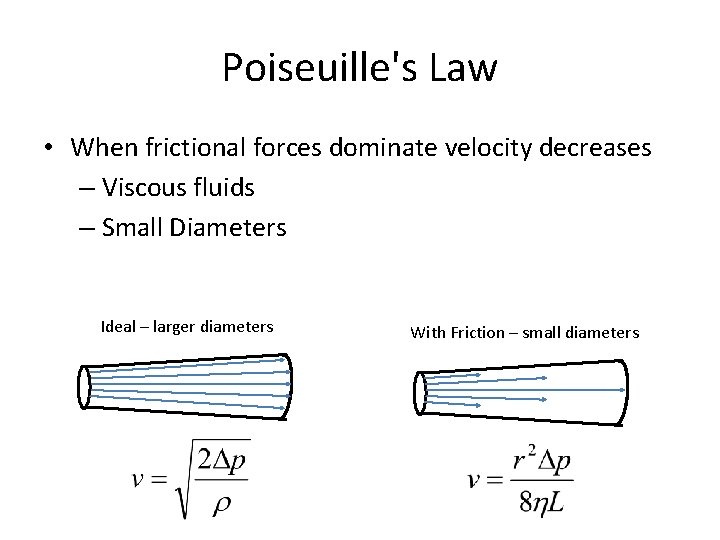 Poiseuille's Law • When frictional forces dominate velocity decreases – Viscous fluids – Small