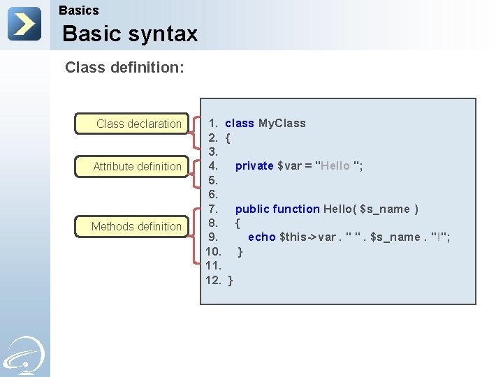 Basics Basic syntax Class definition: Class declaration Attribute definition Methods definition 1. class My.