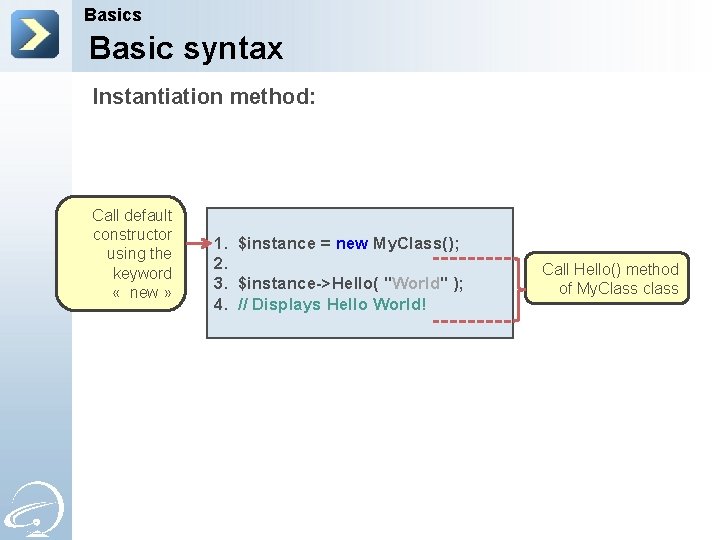 Basics Basic syntax Instantiation method: Call default constructor using the keyword « new »