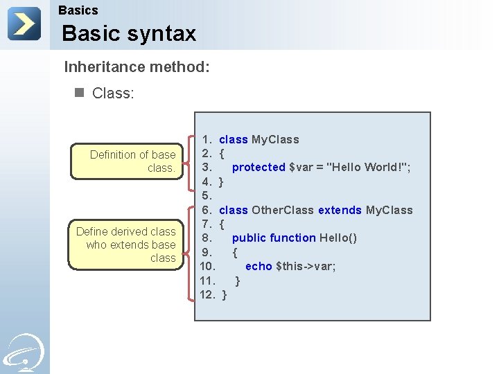 Basics Basic syntax Inheritance method: n Class: Definition of base class. Define derived class