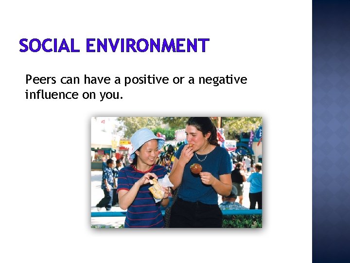 SOCIAL ENVIRONMENT Peers can have a positive or a negative influence on you. 