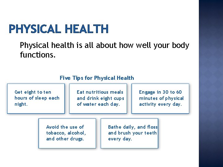PHYSICAL HEALTH Physical health is all about how well your body functions. Five Tips