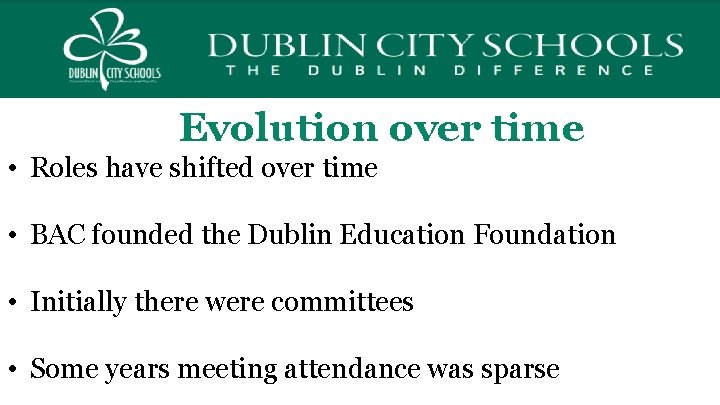 Evolution over time • Roles have shifted over time • BAC founded the Dublin