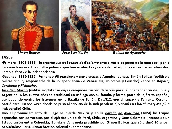 Simón Bolívar José San Martín Batalla de Ayacucho FASES: -Primera: (1808 -1815): Se crearon