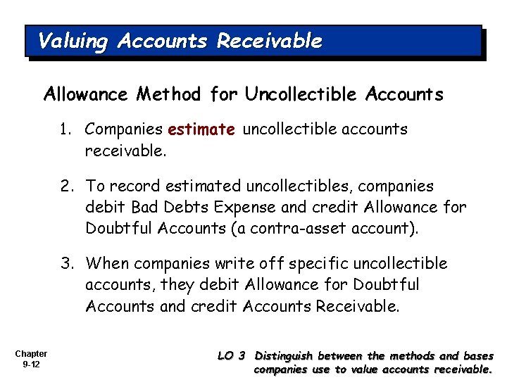 Valuing Accounts Receivable Allowance Method for Uncollectible Accounts 1. Companies estimate uncollectible accounts receivable.