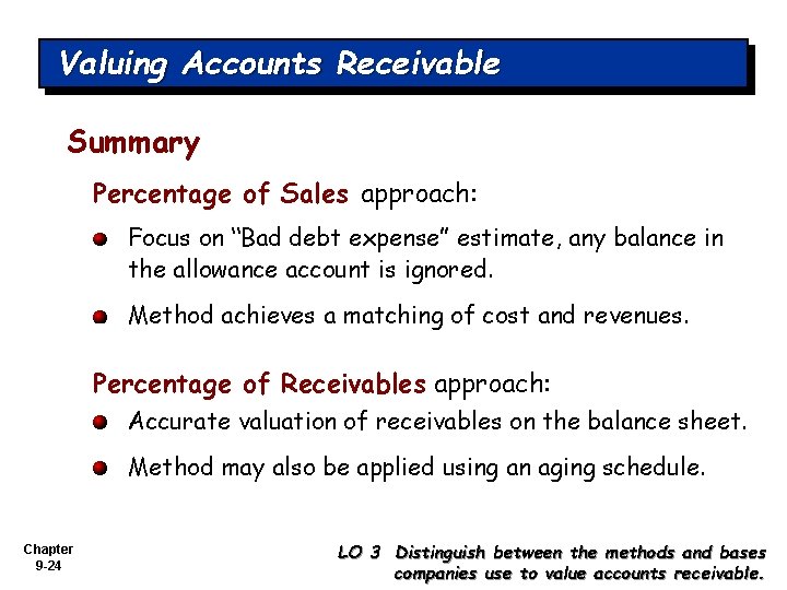 Valuing Accounts Receivable Summary Percentage of Sales approach: Focus on “Bad debt expense” estimate,