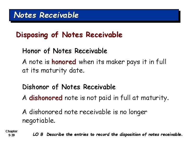 Notes Receivable Disposing of Notes Receivable Honor of Notes Receivable A note is honored