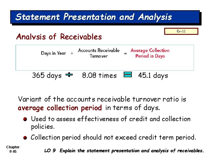 Statement Presentation and Analysis Ex-11 Analysis of Receivables 365 days 8. 08 times 45.