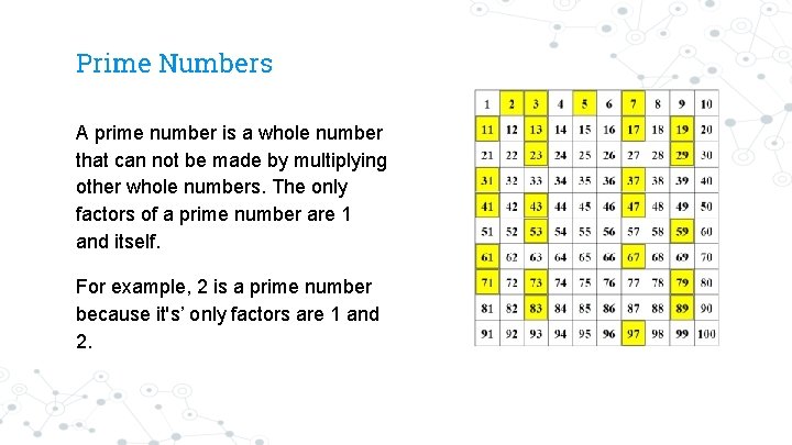 Prime Numbers A prime number is a whole number that can not be made