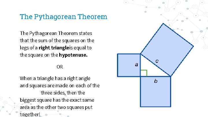 The Pythagorean Theorem states that the sum of the squares on the legs of