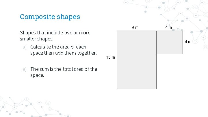 Composite shapes 9 m Shapes that include two or more smaller shapes. a) Calculate
