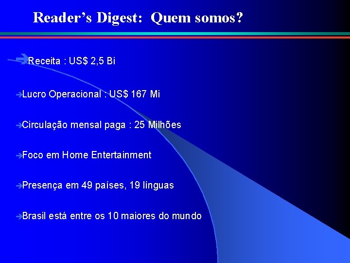 Reader’s Digest: Quem somos? èReceita : US$ 2, 5 Bi èLucro Operacional : US$