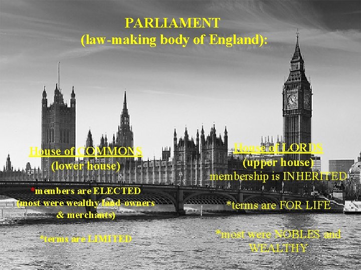 PARLIAMENT (law-making body of England): House of COMMONS (lower house) House of LORDS (upper