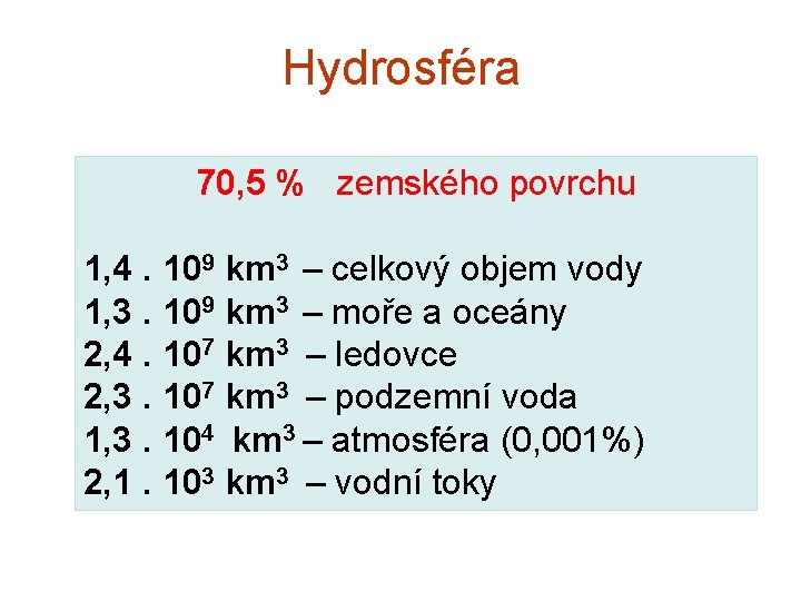 Hydrosféra 70, 5 % zemského povrchu 1, 4. 109 km 3 – celkový objem Hydrosféra 70, 5 % zemského povrchu 1, 4. 109 km 3 – celkový objem