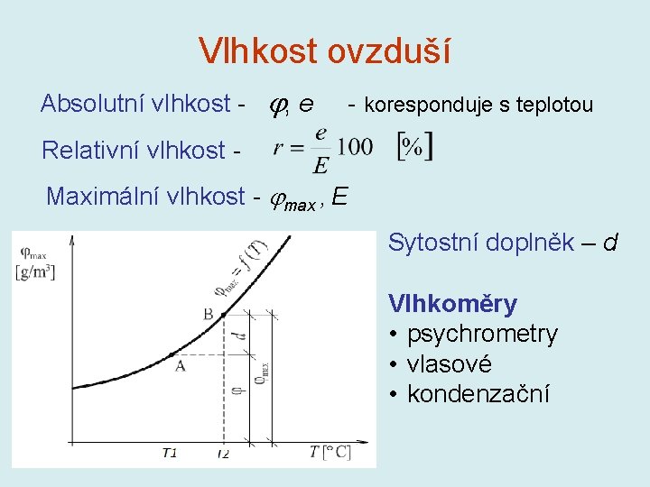 Vlhkost ovzduší Absolutní vlhkost - , e - koresponduje s teplotou Relativní vlhkost Maximální Vlhkost ovzduší Absolutní vlhkost - , e - koresponduje s teplotou Relativní vlhkost Maximální