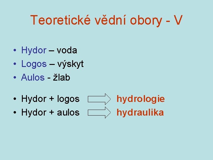 Teoretické vědní obory - V • Hydor – voda • Logos – výskyt •