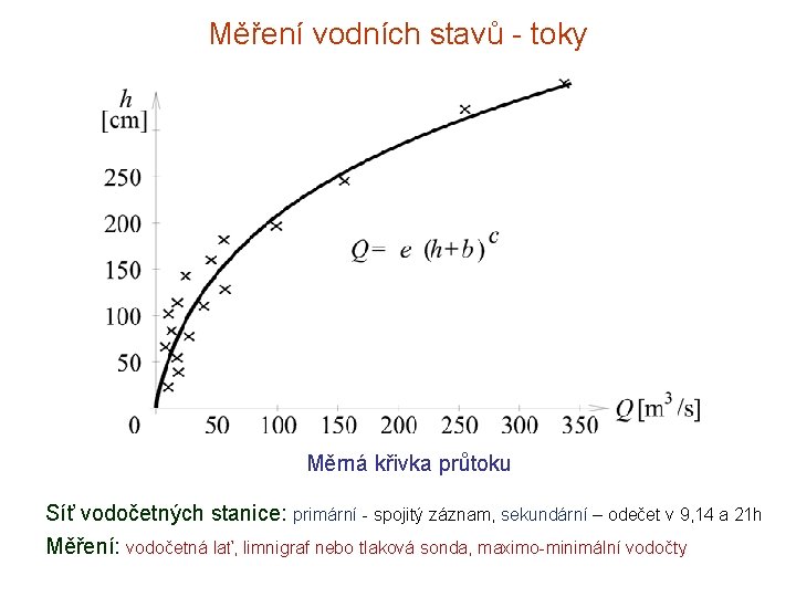 Měření vodních stavů - toky Měrná křivka průtoku Síť vodočetných stanice: primární - spojitý