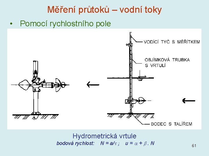 Měření průtoků – vodní toky • Pomocí rychlostního pole Hydrometrická vrtule bodová rychlost: N Měření průtoků – vodní toky • Pomocí rychlostního pole Hydrometrická vrtule bodová rychlost: N