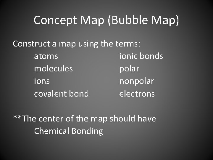 Concept Map (Bubble Map) Construct a map using the terms: atoms ionic bonds molecules