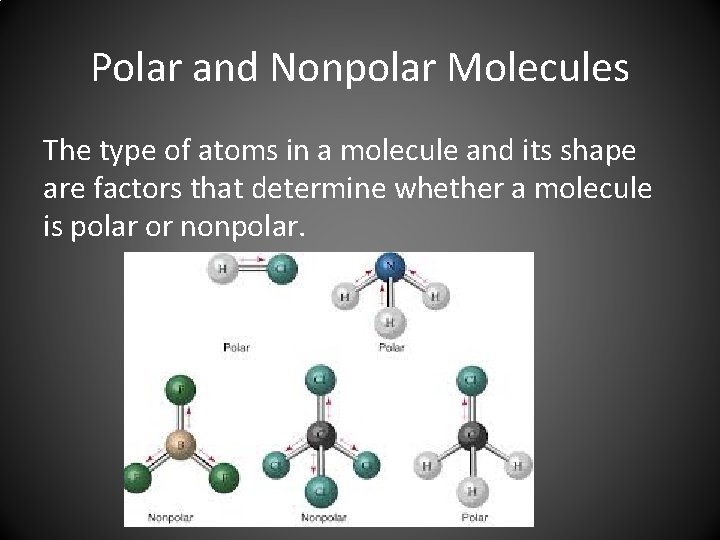 Polar and Nonpolar Molecules The type of atoms in a molecule and its shape