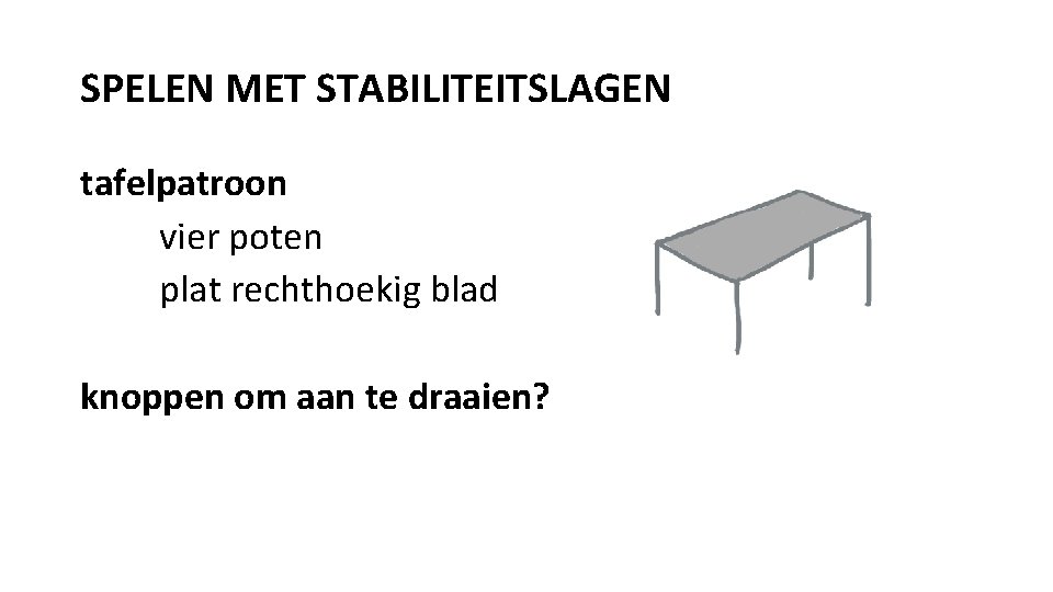 SPELEN MET STABILITEITSLAGEN tafelpatroon vier poten plat rechthoekig blad knoppen om aan te draaien?