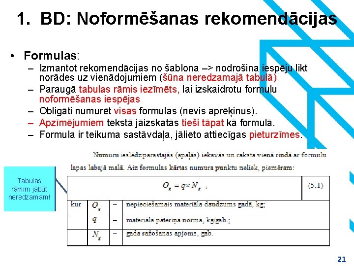 1. BD: Noformēšanas rekomendācijas • Formulas: – Izmantot rekomendācijas no šablona –> nodrošina iespēju